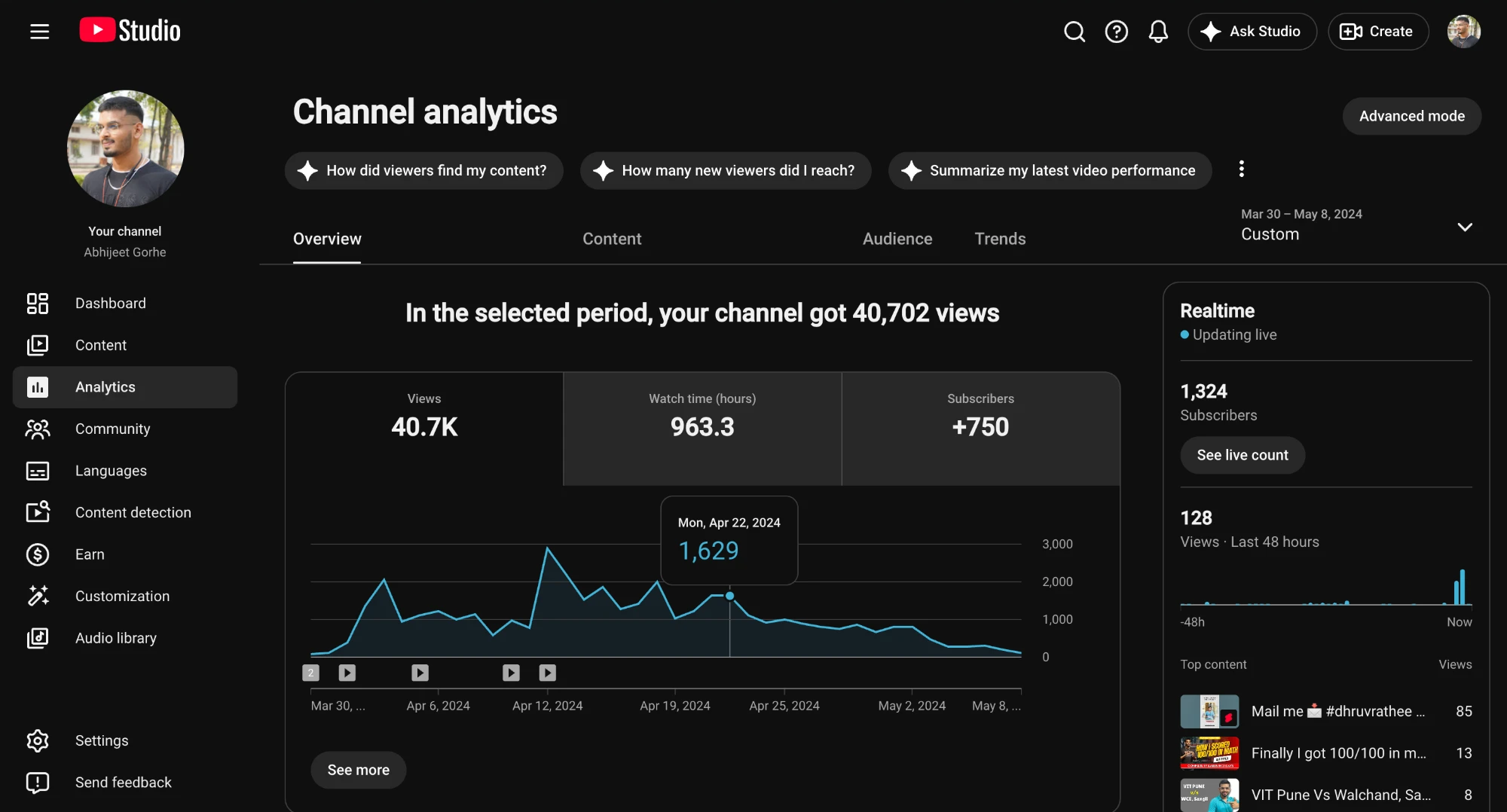 YouTube Studio analytics showing one month of channel growth